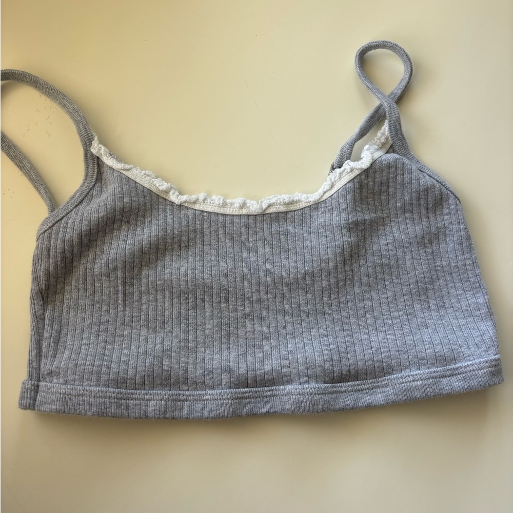 Brandy Melville Gray Ribbed Tank Top with Lace Trim